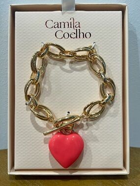 Camila Coelho Gold Chain Bracelet Pink Heart Charm Toggle Statement NWT